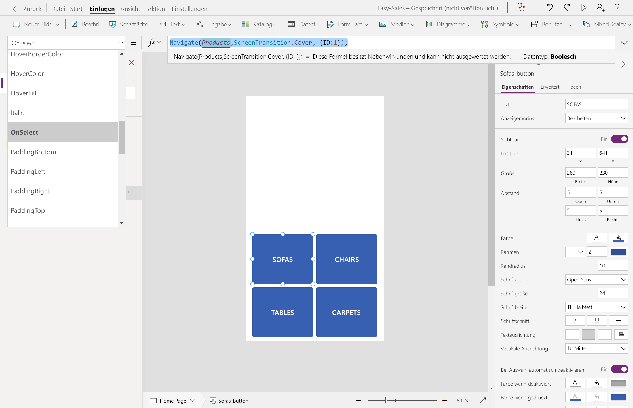 Screenshot: Navigation zur Seite „Sofas“