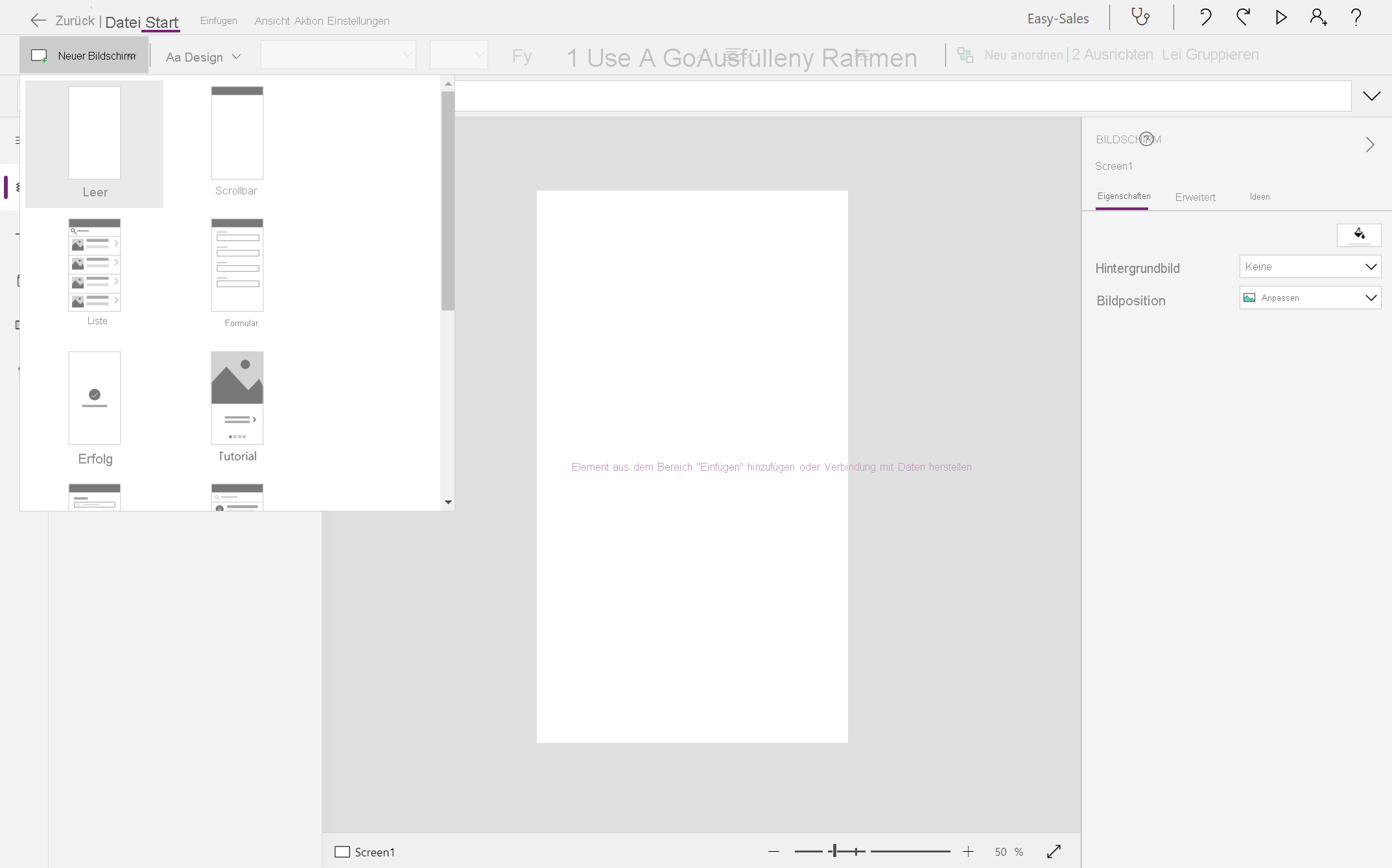 Screenshot der Erstellung eines neuen Bildschirms.