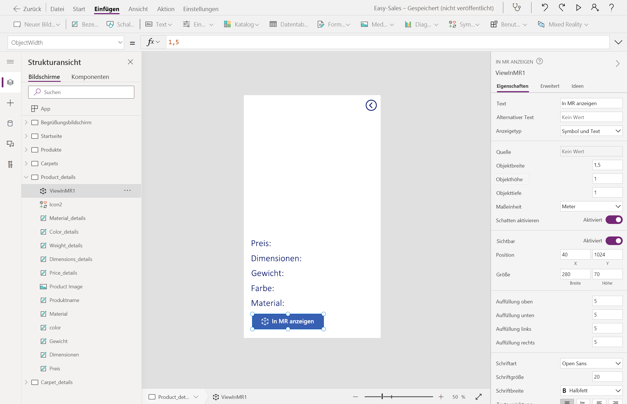 Screenshot: Skalieren eines Objekts für die Ansicht in MR.