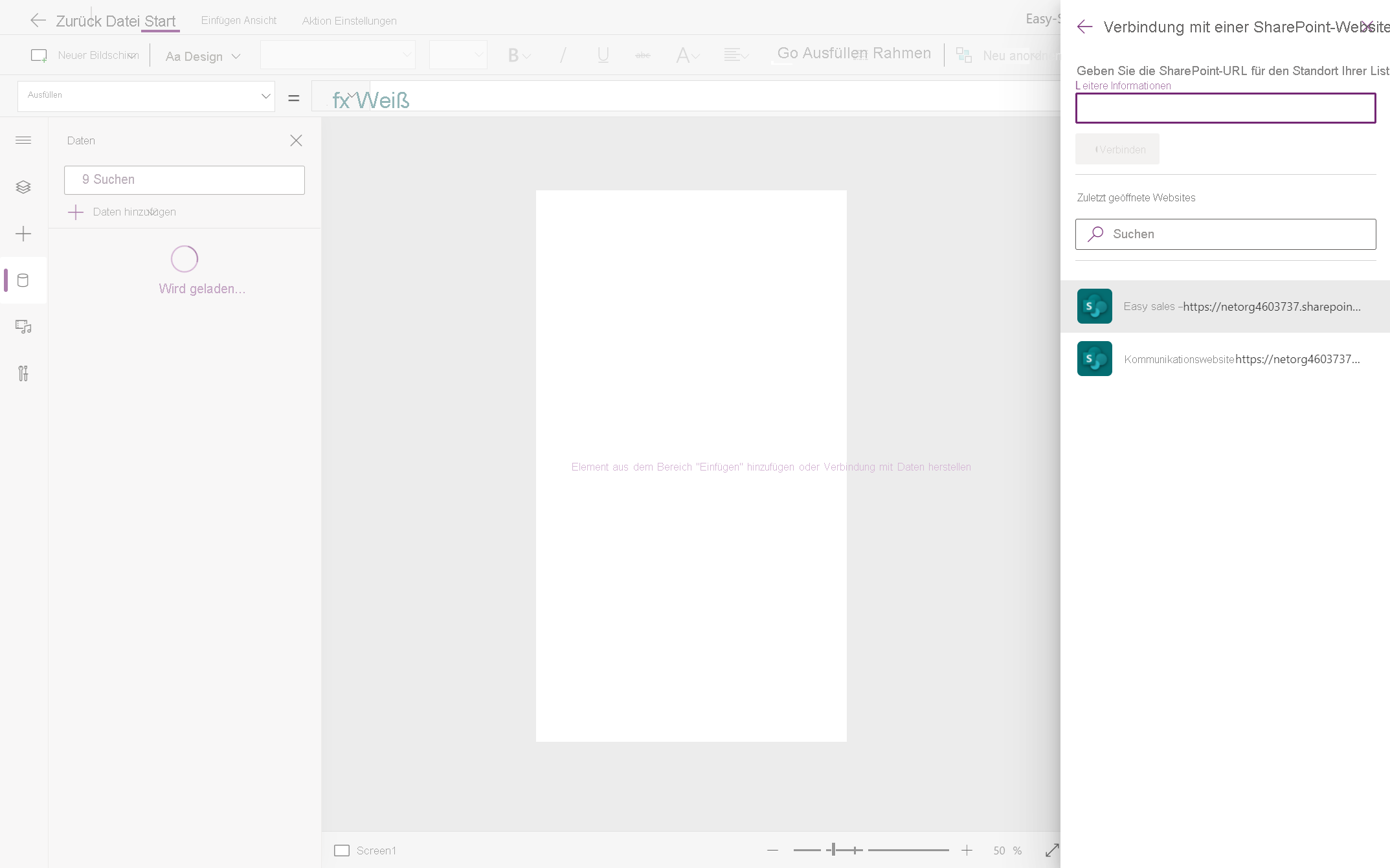 Screenshot der Auswahl von