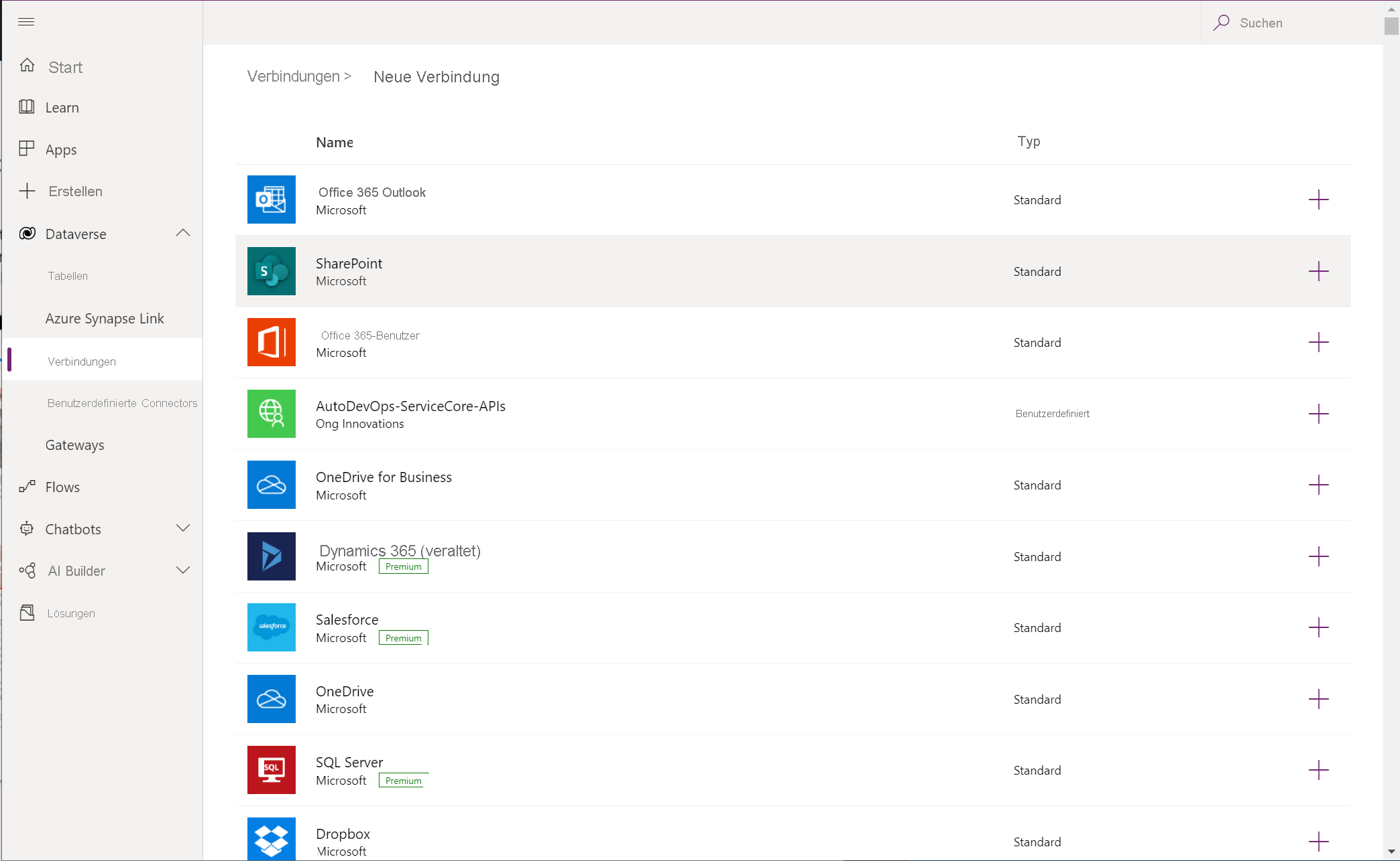 Screenshot der Auswahl von SharePoint.