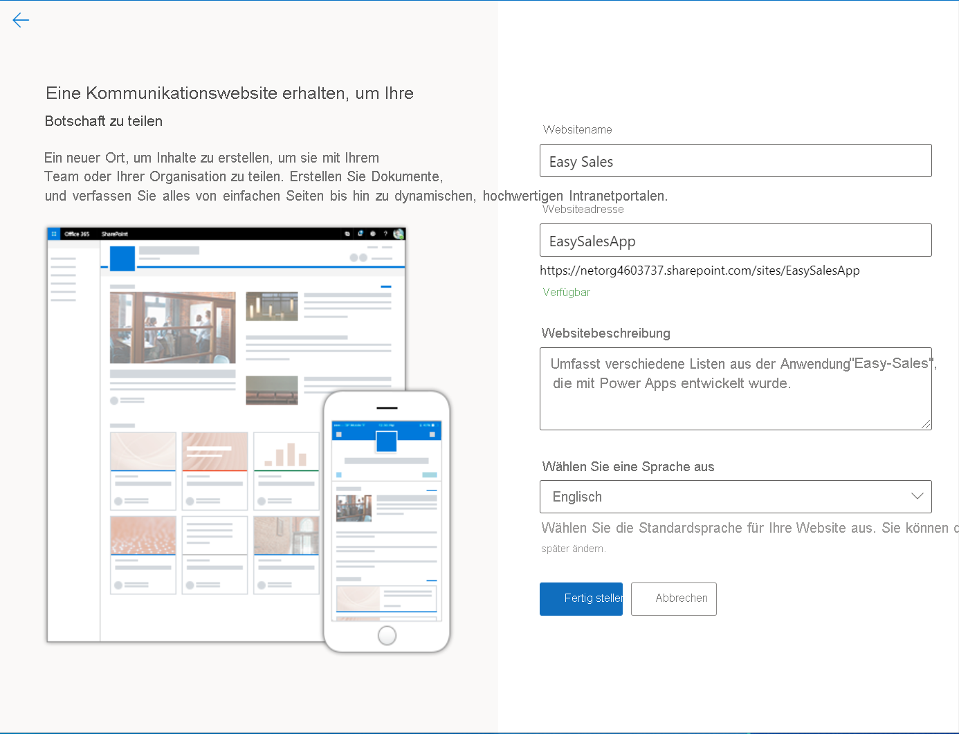 Screenshot der Aktualisierung von Websitedetails.
