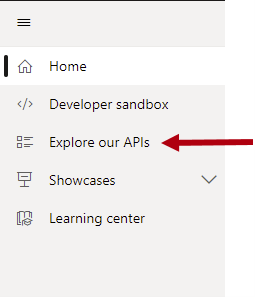 Screenshot: Linker Bereich mit hervorgehobener Option „Unsere APIs erkunden“