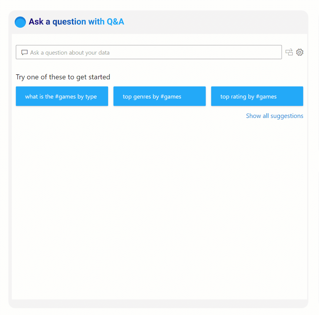 Screenshot: Q&A-Animation. Eine Frage ist aus einer Liste vorgeschlagener Fragen ausgewählt, und eine visuelle Antwort wird angezeigt.