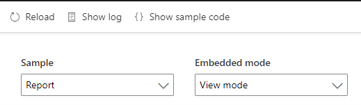 Screenshot: Zwei Dropdownlisten, die für die Anzeige eines Power BI-Berichts im Anzeigemodus festgelegt sind