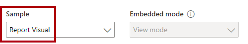 Screenshot: Dropdownliste „Beispiel“, die auf „Berichtsvisual“ festgelegt ist. Die Dropdownliste „Eingebetteter Modus“ ist auf „Anzeigemodus“ festgelegt und deaktiviert.