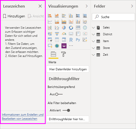 Der Screenshot zeigt den Bereich „Lesezeichen“ mit einer konfigurierten Ansicht einer Berichtsseite, einschließlich der Filterung und des Status der Visuals.