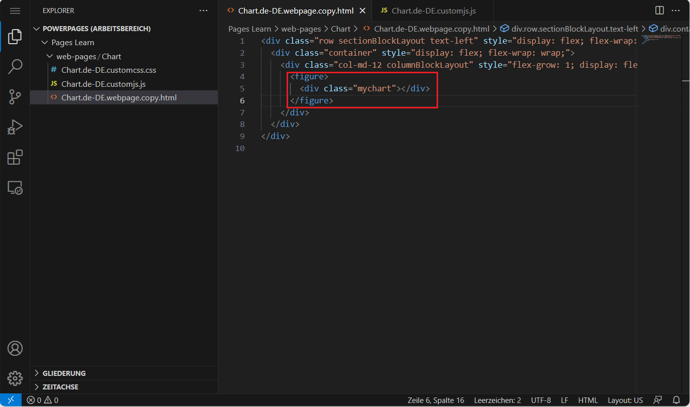 Screenshot des Inhaltsbereichs der Seite im Visual Studio Code-Editor