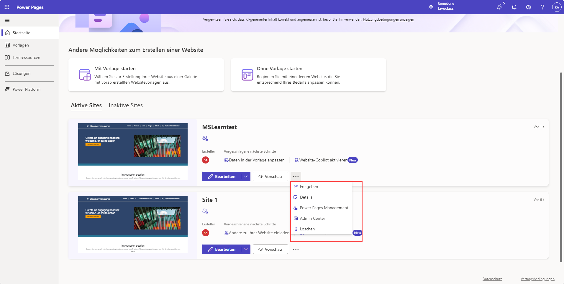 Screenshot der Power Pages-Entwicklerumgebung mit erweitertem Erweiterungsmenü und dem ausgewählten Menüelement „Power Pages-Verwaltung“