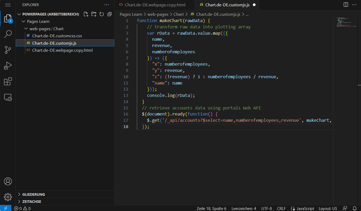 Screenshot des Visual Studio Code-Editors mit JavaScript, um Firmendaten mit Portal-Web-API abzurufen