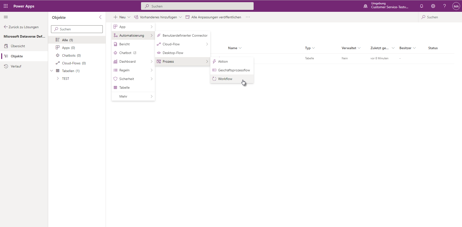 Screenshot der Schritte zum Erstellen eines klassischen Workflows in der Dataverse-Lösung