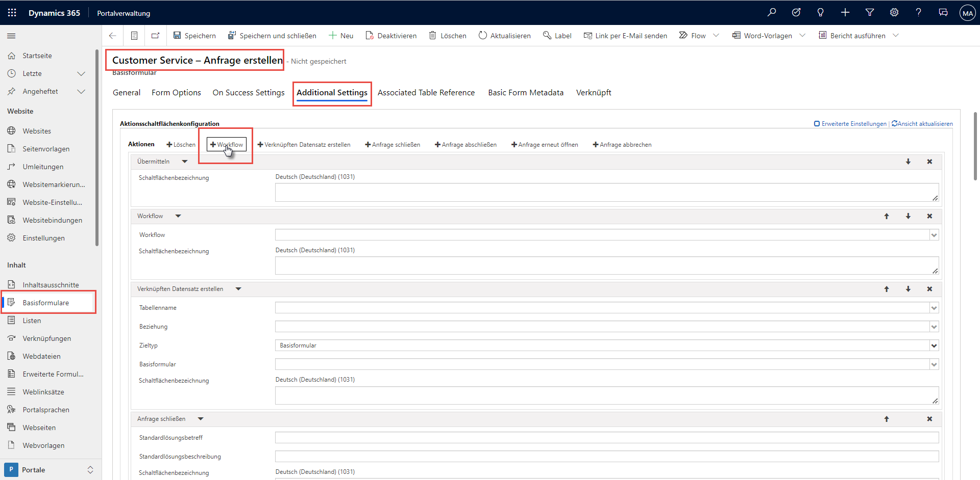 Screenshot der Schritte zum Hinzufügen einer Workflow-Schaltfläche zum existierenden Basisformular