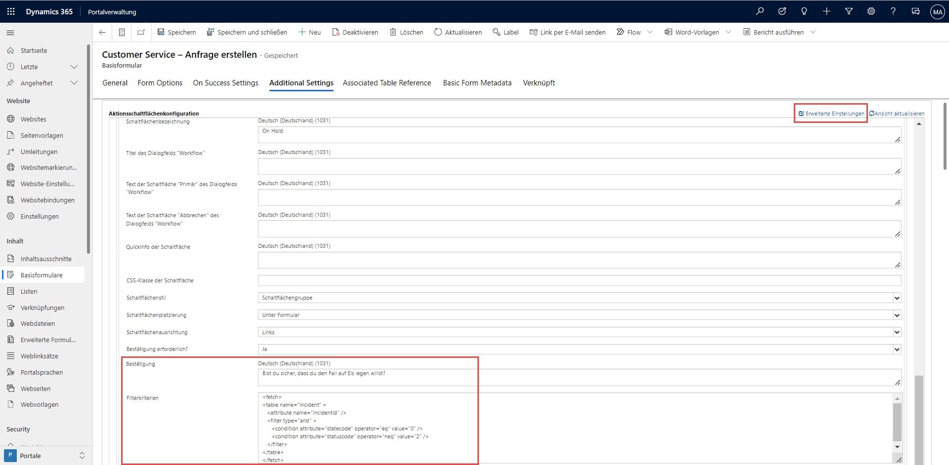 Screenshot der Bestätigungsdetails und Filterkriterien