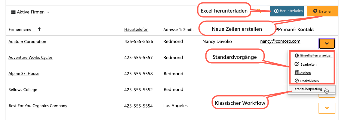 Screenshot der Funktionen und Befehle der Liste