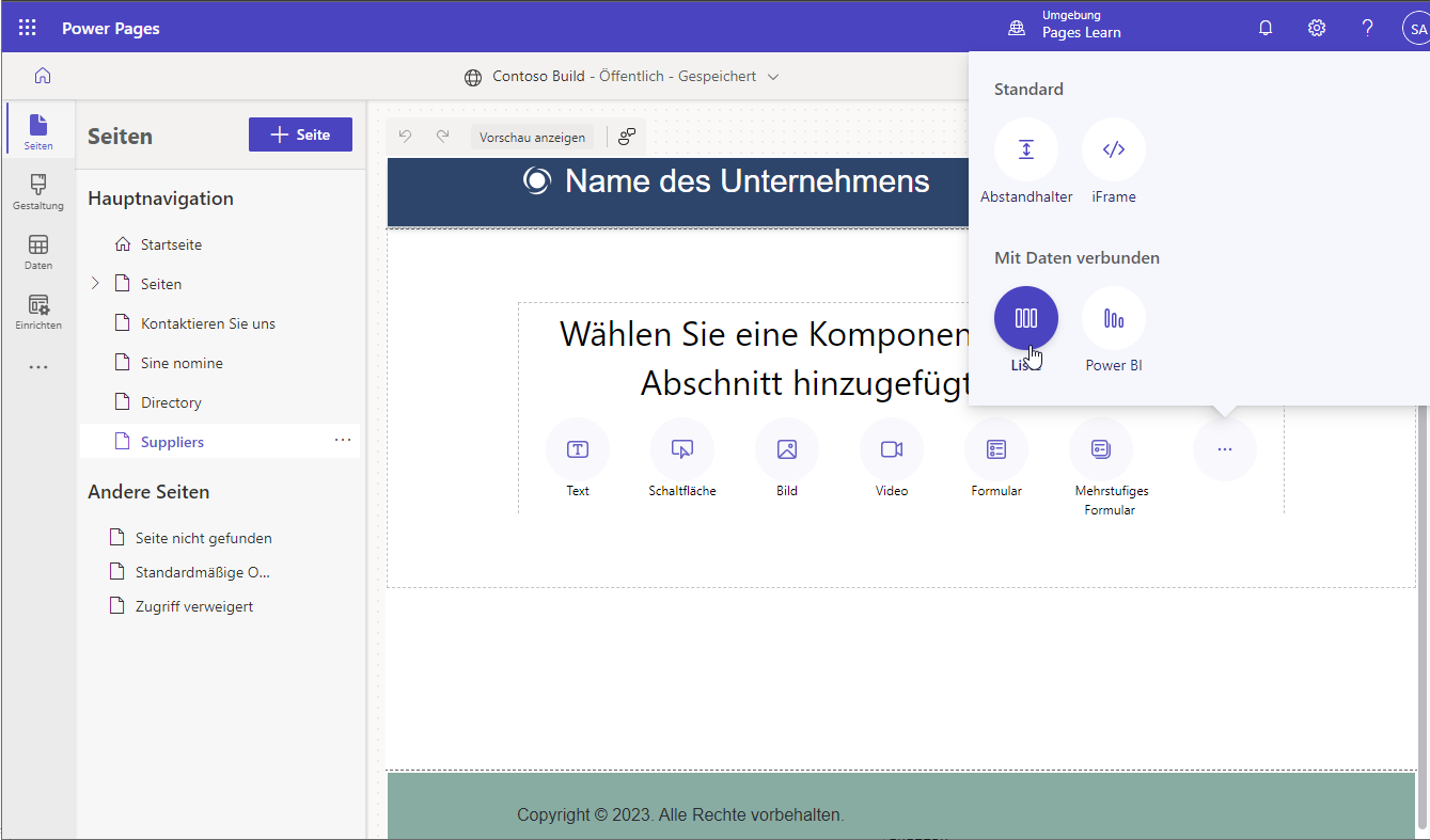 Screenshot der Eingabe von Listenkomponenten
