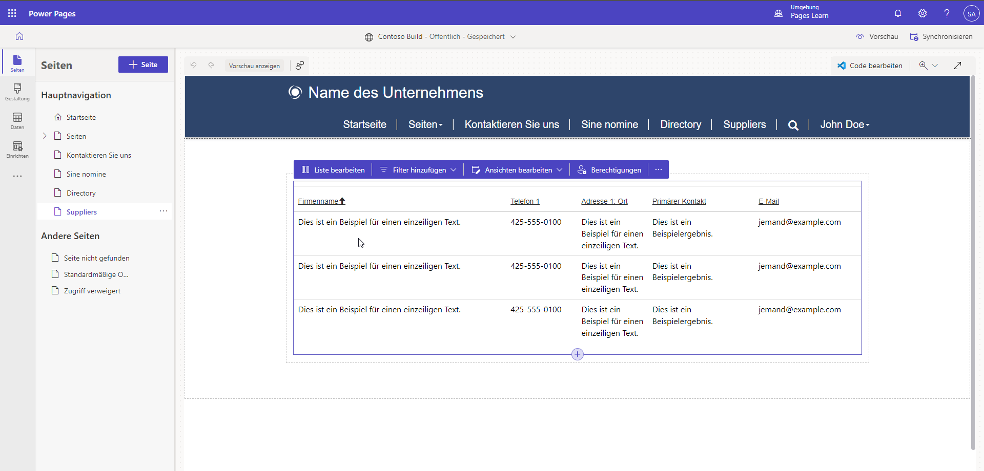 Screenshot eines WYSIWYG-Listenlayouts auf der Seitencanvas im Power Pages-Designstudio