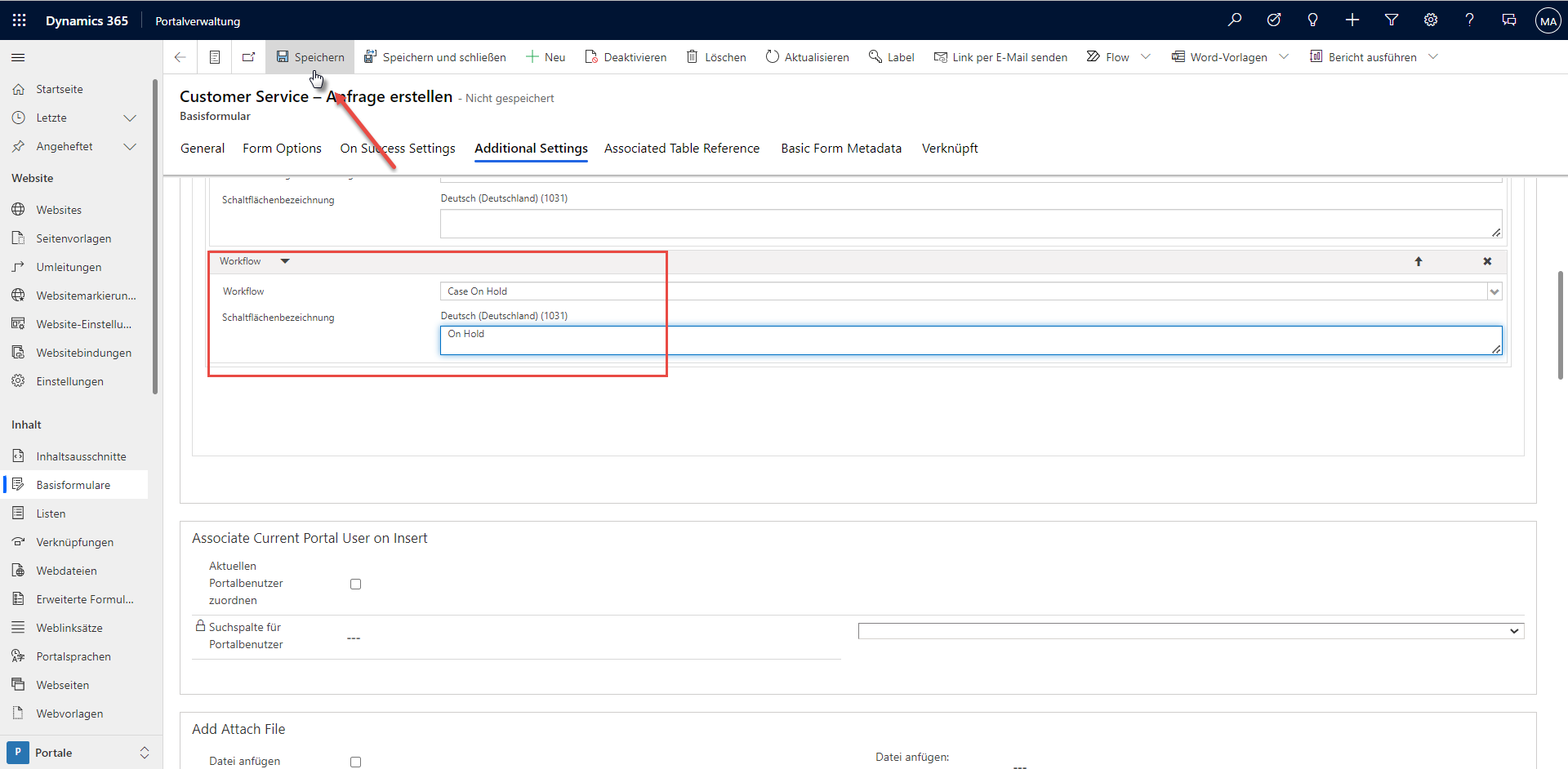 Screenshot der Aktion Workflow hinzufügen und Speichern des Basisformulars