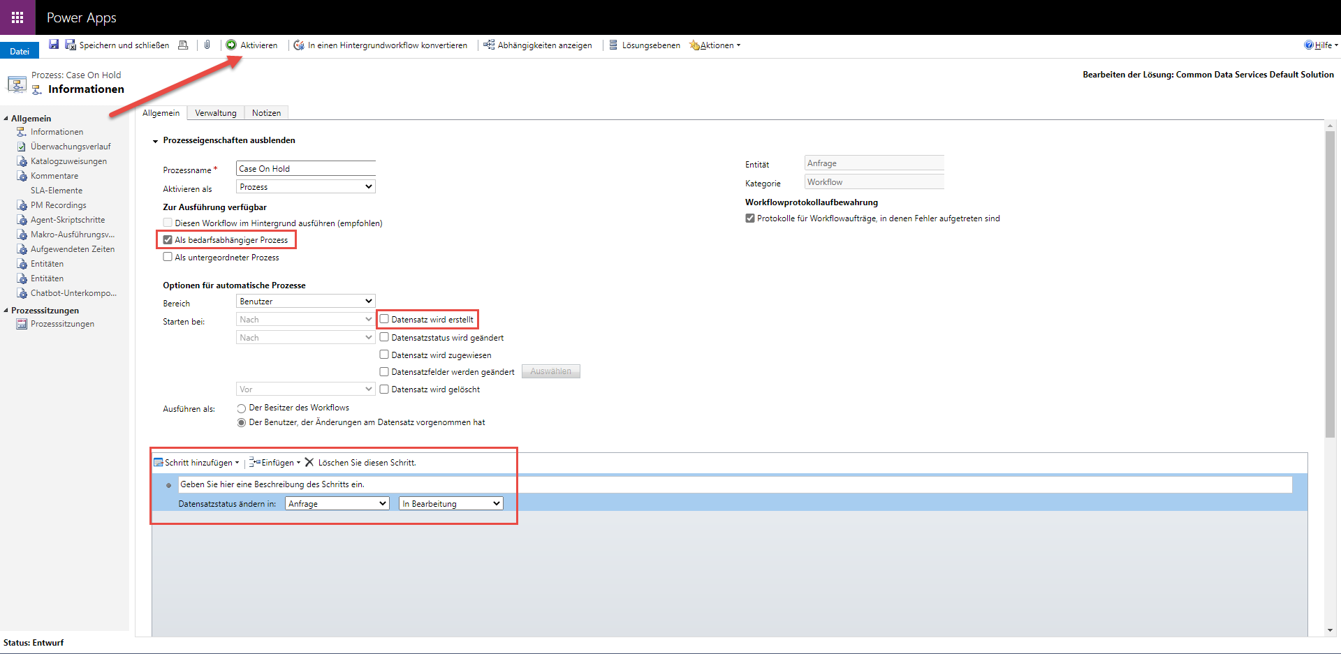 Screenshot der Schritte und Eigenschaften des klassischen Workflows