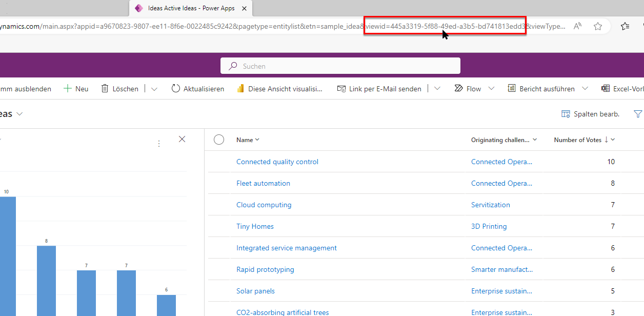 Screenshot eines Diagramms in einer modellgesteuerten App mit hervorgehobener Ansichts-ID in der Abfragezeichenfolge der URL