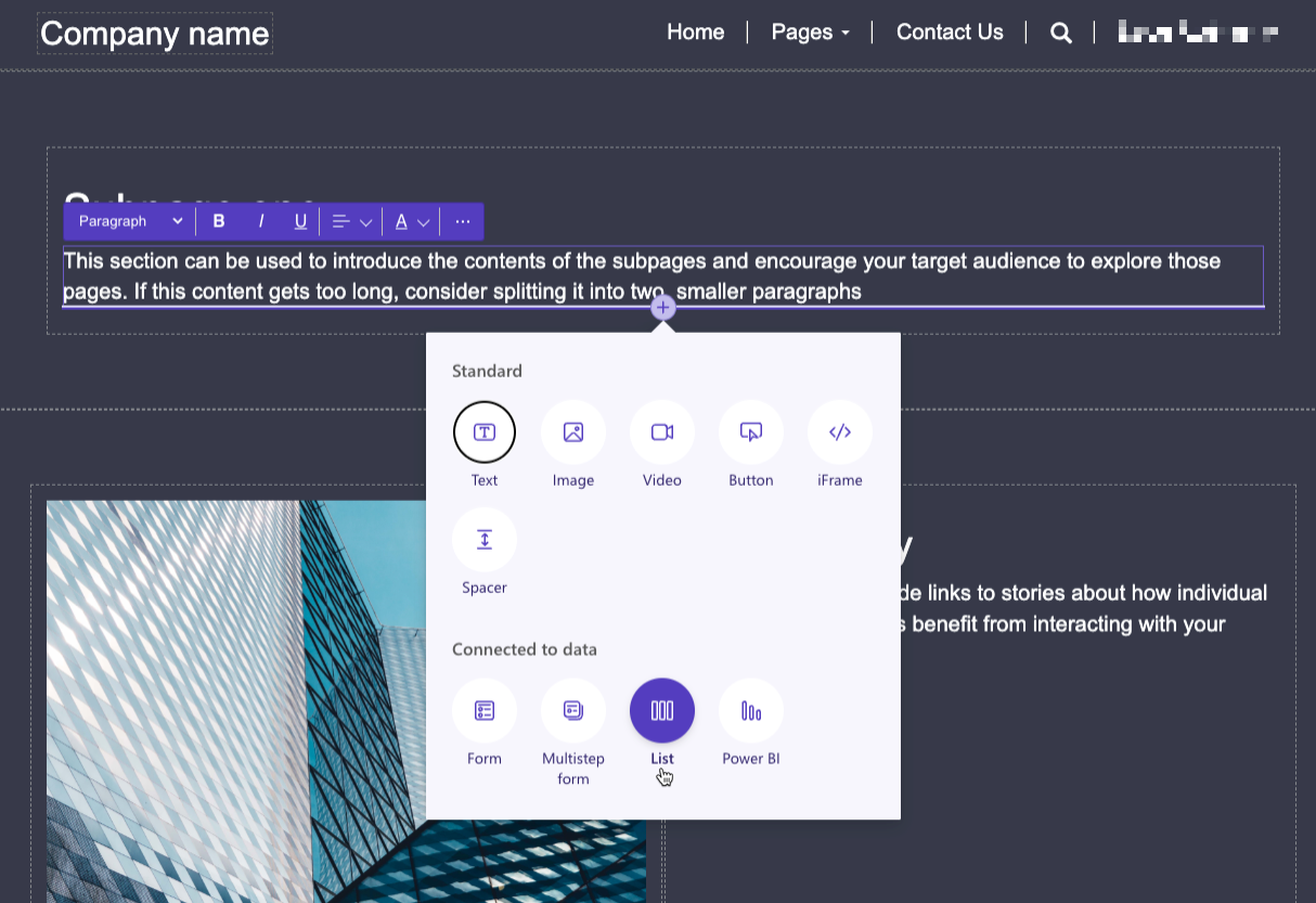 Screenshot der Option „Eine Listenkomponente einer Webseite hinzufügen“ im Power Pages-Designstudio