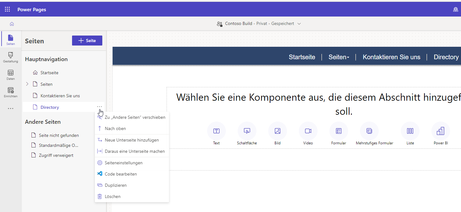 Screenshot der Verwaltung der Seitennavigation nach dem Speichern der Seite