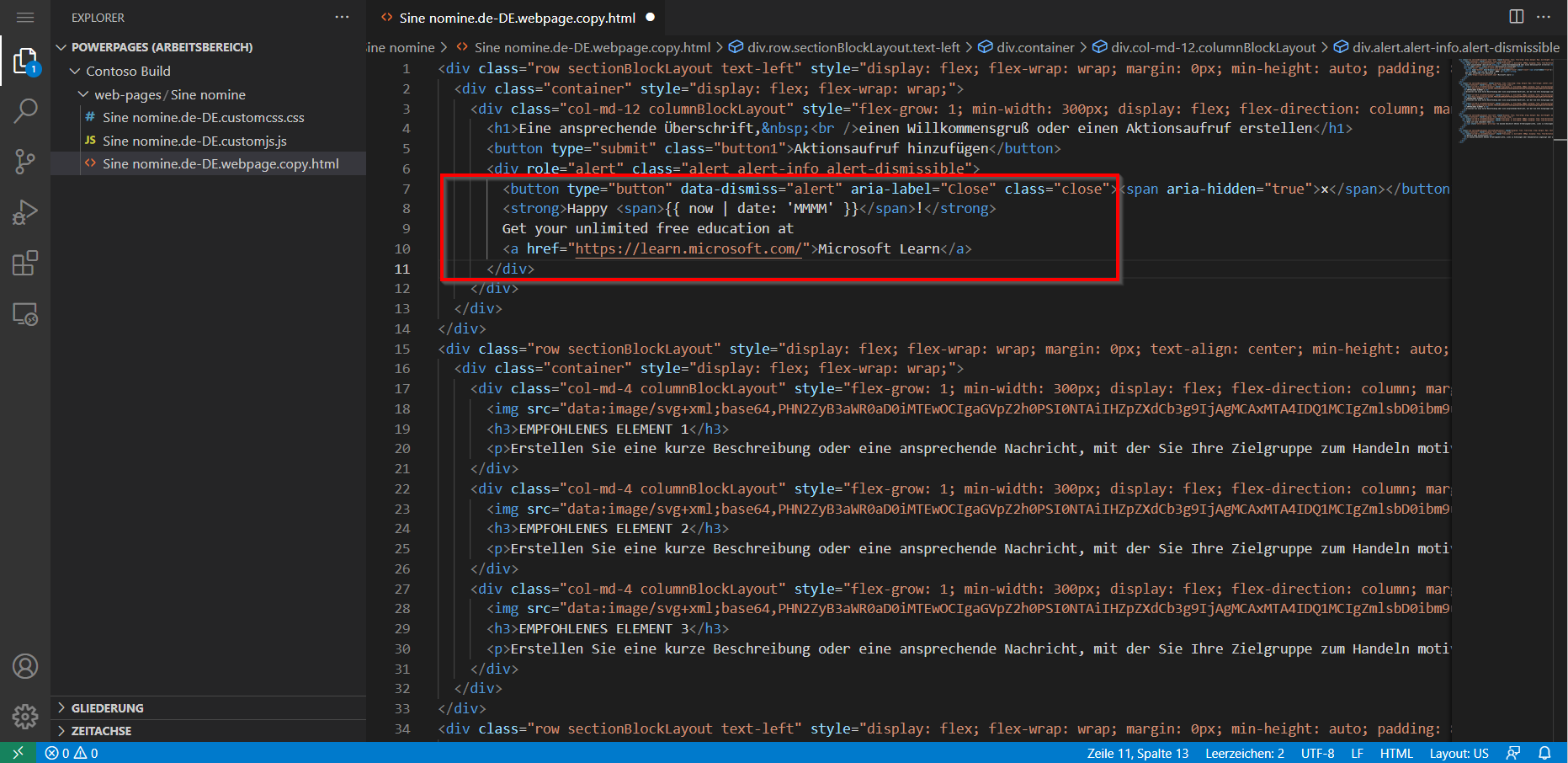 Screenshot des Seiteninhalts, der in Visual Studio Code für den Web-Editor geöffnet wurde, mit hervorgehobenem neuen Inhalt
