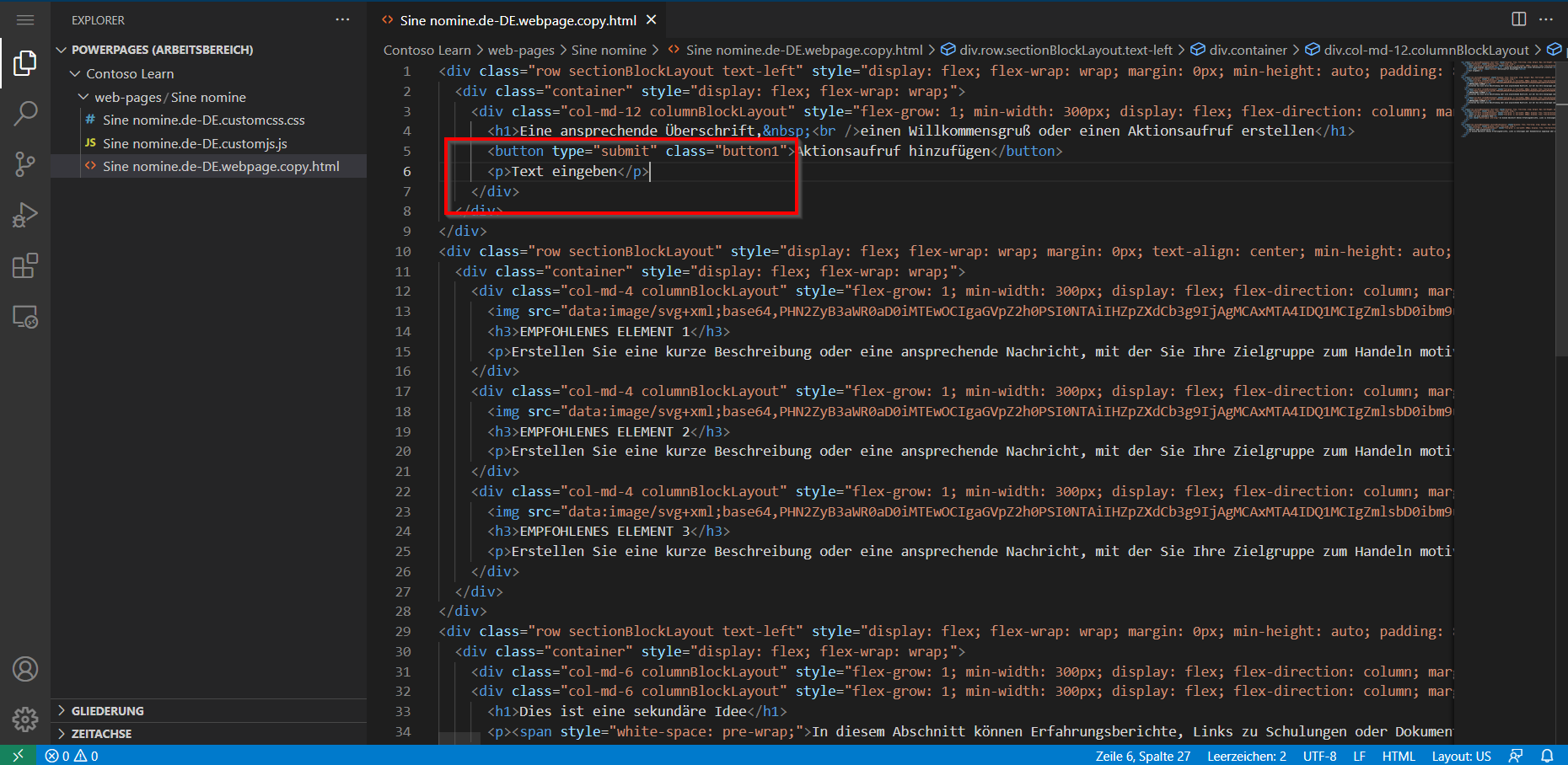 Screenshot des Seiteninhalts, der in Visual Studio Code für den Web-Editor geöffnet wurde, mit hervorgehobenem Textabsatz