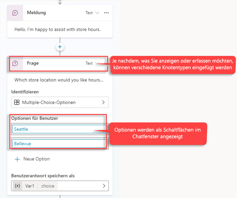 Screenshot des Frageknotens mit der Beschriftung „Je nachdem, was Sie anzeigen oder erfassen möchten, können verschiedene Knotentypen eingefügt werden“ und des Knotens „Optionen“ mit der Beschriftung „Optionen“, die als Schaltflächen im Chatfenster für die Konversation angezeigt werden
