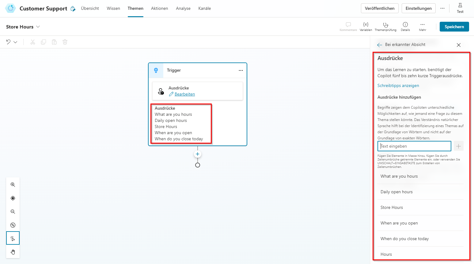 Screenshot des Erstellungsprozesses von Themen im Navigationsbereich
