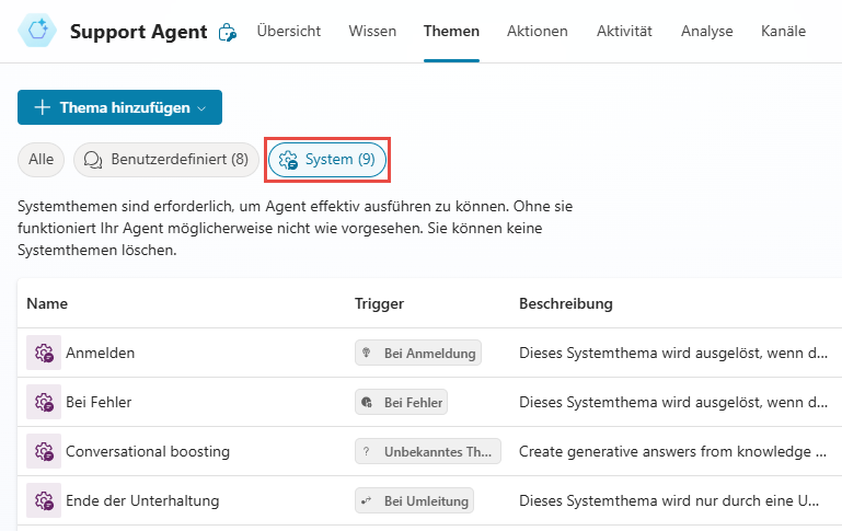 Screenshot der System-Registerkarte mit Triggern und Status