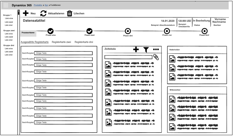 Ein Beispiel für ein Drahtmodell eines Formulars mit Platzhaltern für Text und Gruppierungen von Steuerelementen