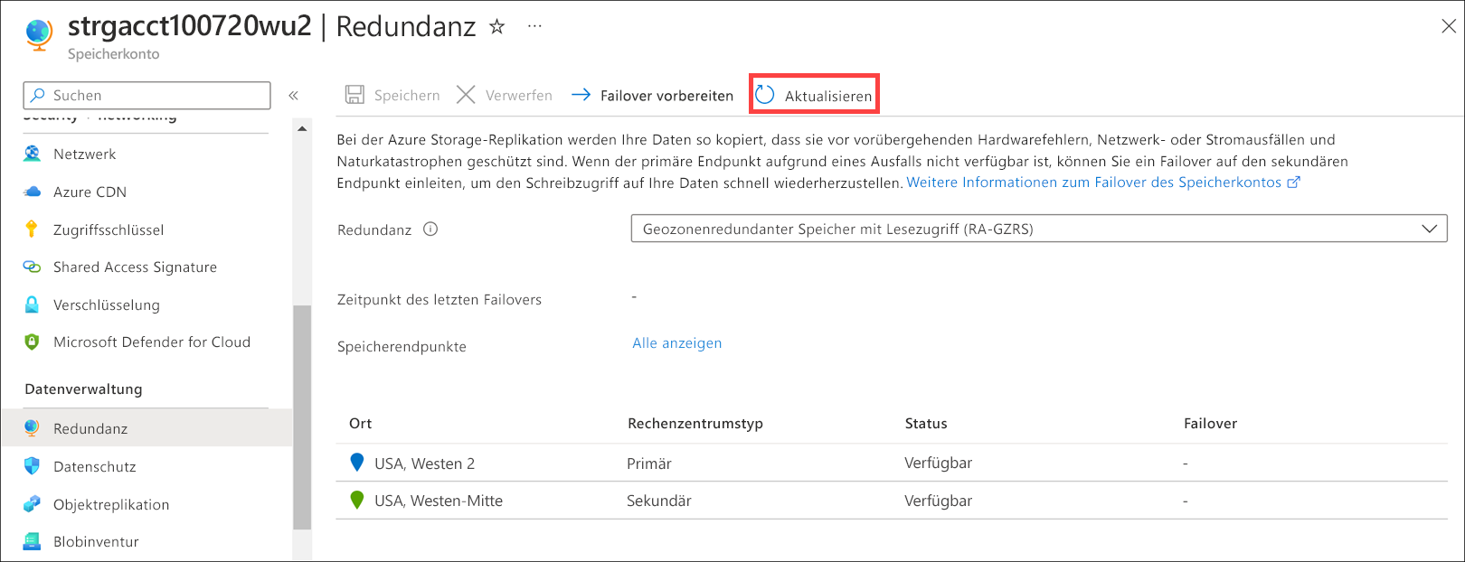 Screenshot of the geo-replication map that shows the primary and secondary locations available.