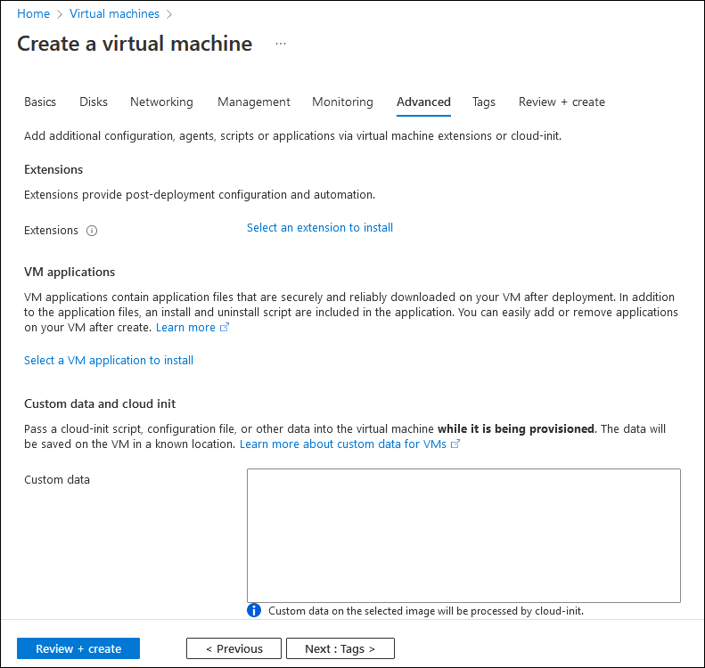 Screenshot: Die Registerkarte „Erweitert“ des Assistenten zum Erstellen eines virtuellen Computers