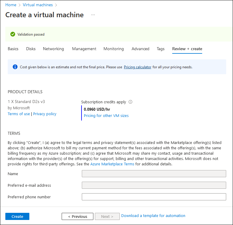 Screenshot: Die Registerkarte „Überprüfen + erstellen“ des Assistenten zum Erstellen eines virtuellen Computers