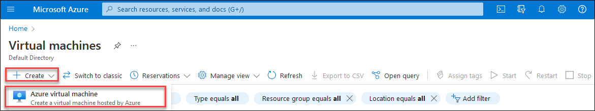 Screenshot: Das Menüelement „Erstellen“ und die Azure-VM-Option