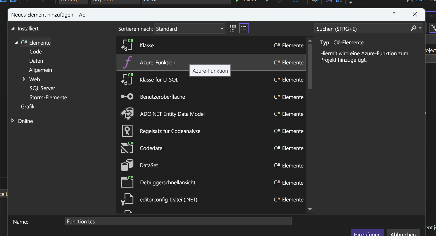 A screenshot showing the Azure function item selected.