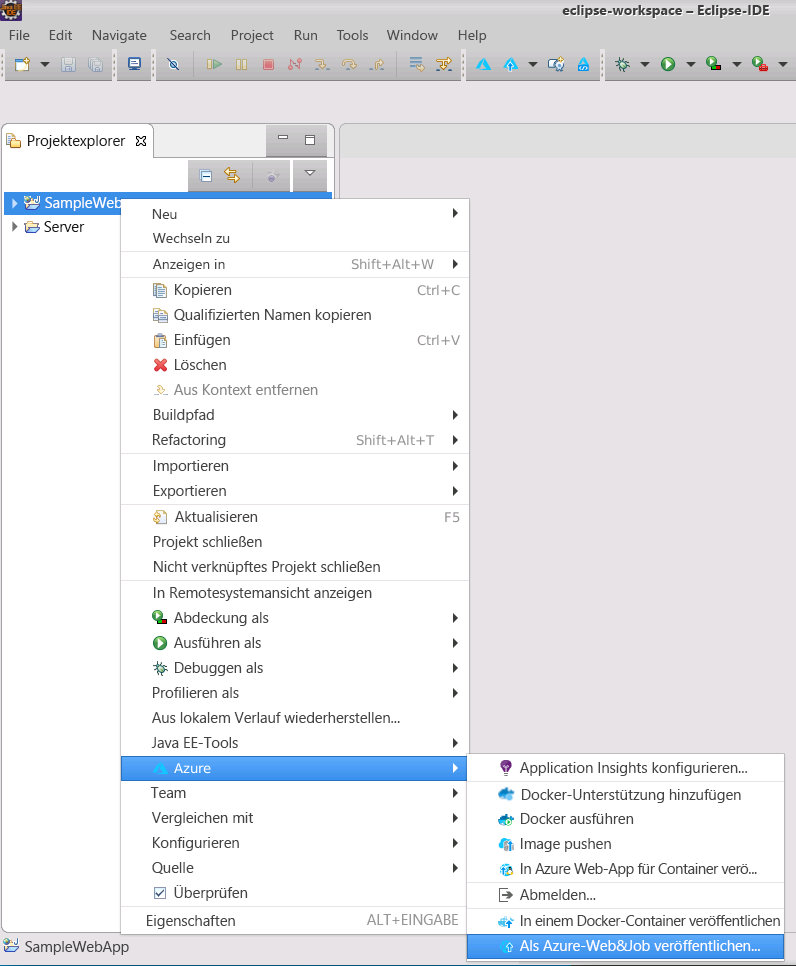 Screenshot of the Azure menu in Eclipse. The user has selected the Publish as Azure Web App command.