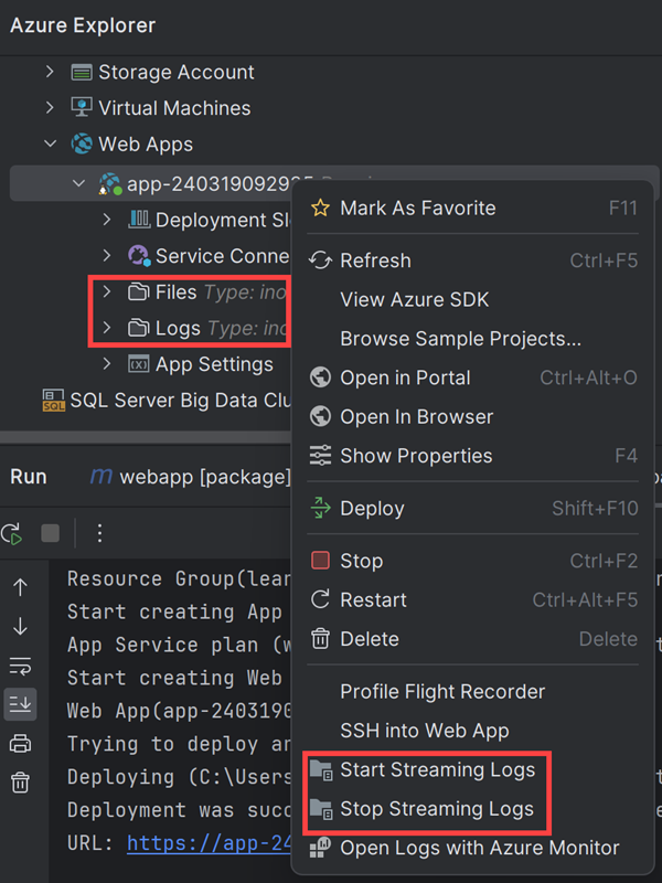 Screenshot: Das Kontextmenü für die Web-App im Fenster „Azure Explorer“