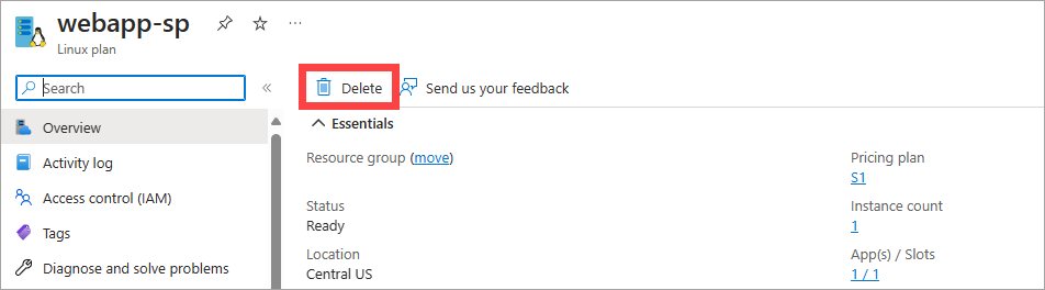Screenshot: Der*Die Benutzer*in löscht den App Service-Plan im Azure-Portal.