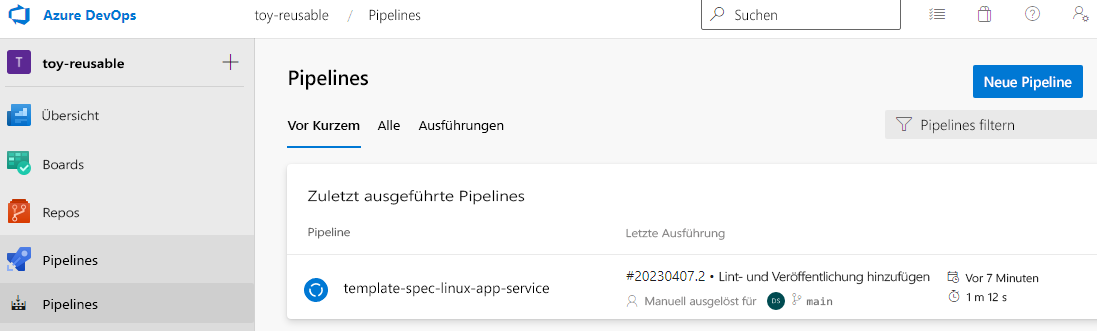 Screenshot: Azure Pipelines mit Menüelement „Pipelines“