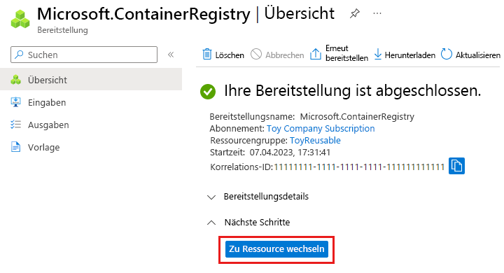 Screenshot: Seite zum Bereitstellen der Containerregistrierung im Azure-Portal mit hervorgehobener Schaltfläche „Zu Ressource wechseln“