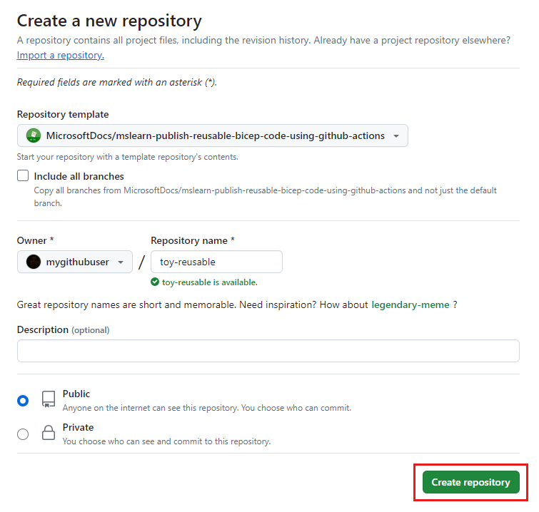 Screenshot der GitHub-Schnittstelle, die die Repositoryerstellungsseite zeigt.