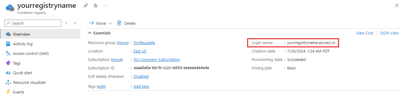 Screenshot: Azure-Portal mit Anzeige von Details zur Containerregistrierung und hervorgehobenem Anmeldeserver