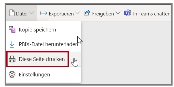 Screenshot der Option „Exportieren > Drucken“