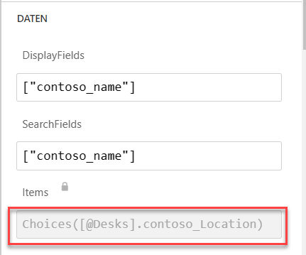 Screenshot der erweiterten Eigenschaften des für die Standortsuchspalte verwendeten Dropdown-Steuerelements