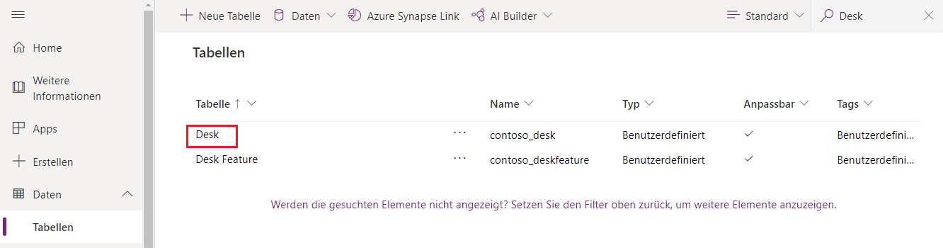 Screenshot der Tabelle „Schreibtisch“