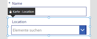 Screenshot eines Bearbeitungsformulars für den Schreibtischdatensatz mit der Standortsuche als Dropdown-Steuerelement