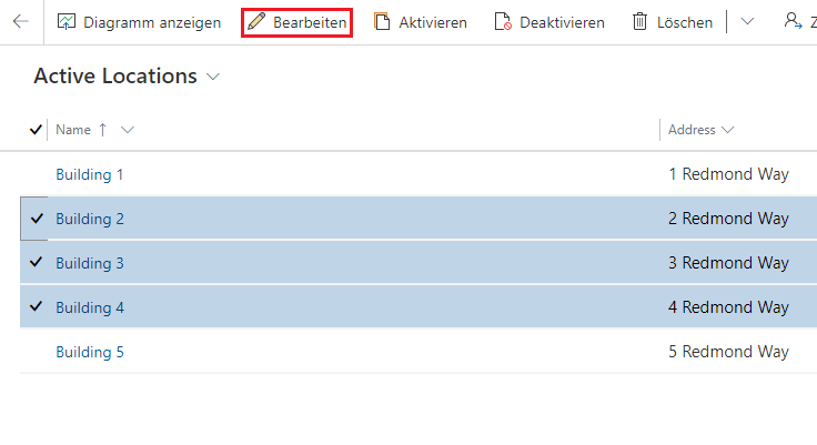 Screenshot von drei Standorten, ausgewählt in der Dropdownliste „Aktive Standorte“ mit der hervorgehobenen Schaltfläche „Bearbeiten“