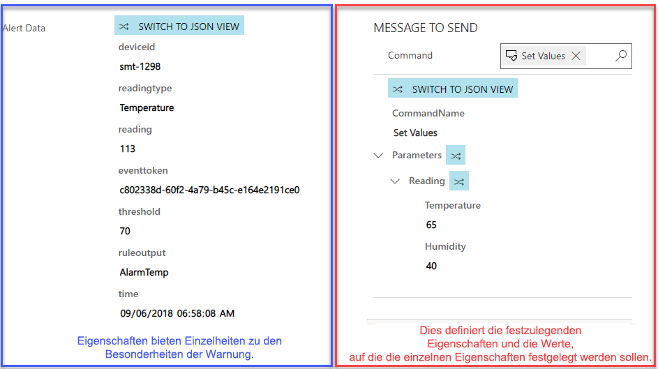 Screenshots der Eigenschaften für beide an ein Gerät gesendeten Befehle und IoT-Warnungen