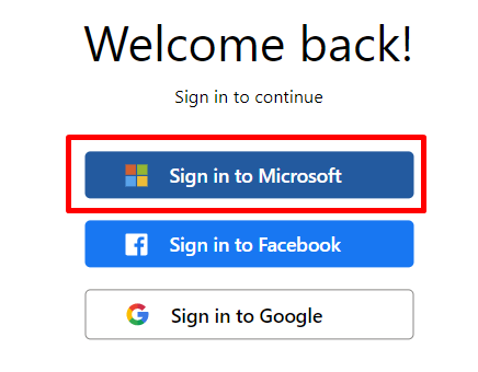 Screenshot of the sign in options with Sign in to Microsoft selected.
